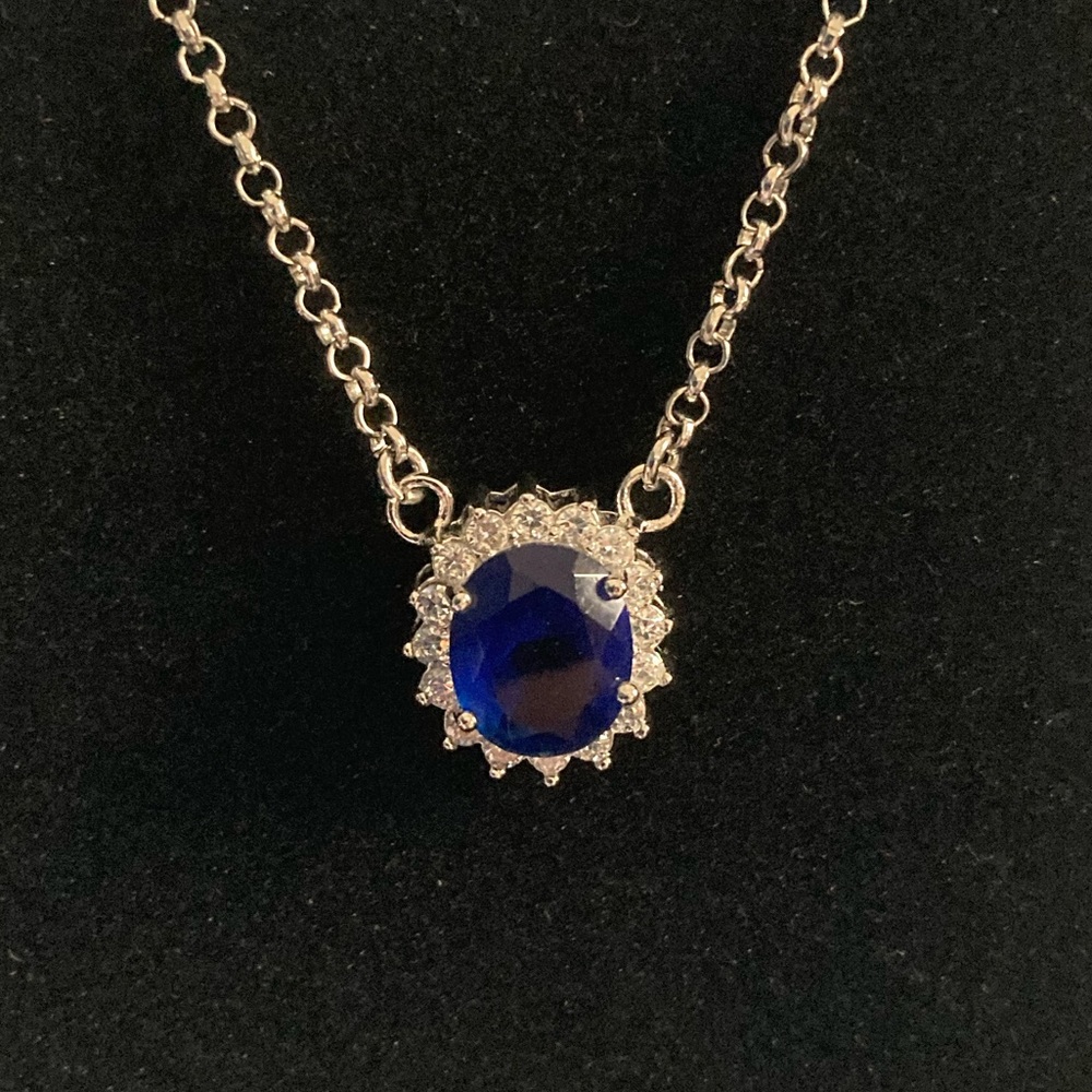 Lady Dianna inspired necklace. Blue sapphire coloured CZ set in Silvertone 16”